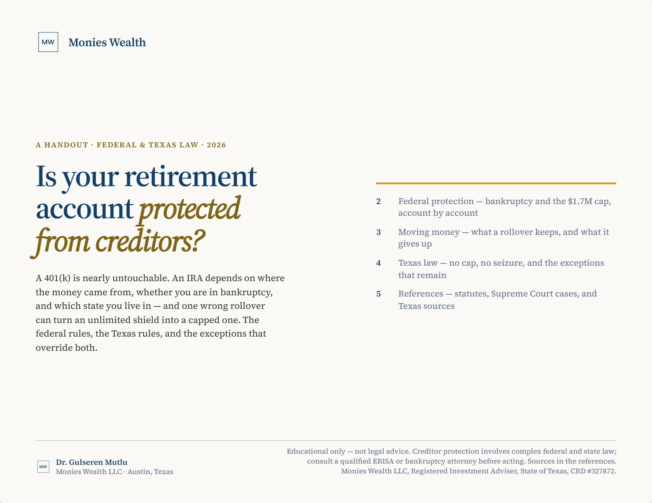 Cover of the retirement account creditor protection handout