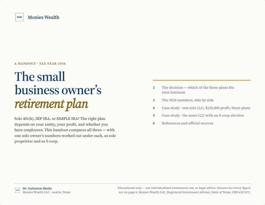 Cover of the small business owner’s retirement plan handout